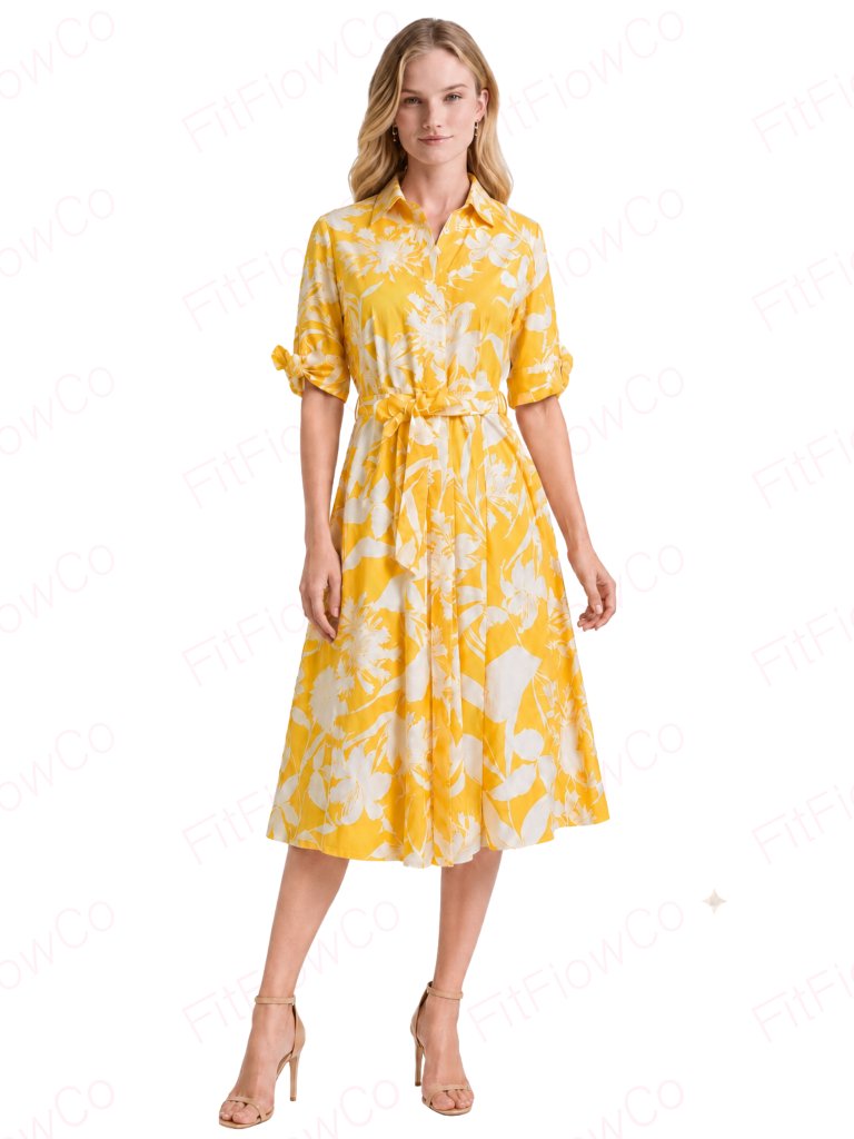 Calvin Klein Floral Tie Sleeve Cotton Shirtdress Yellow White Size 2 Nwt